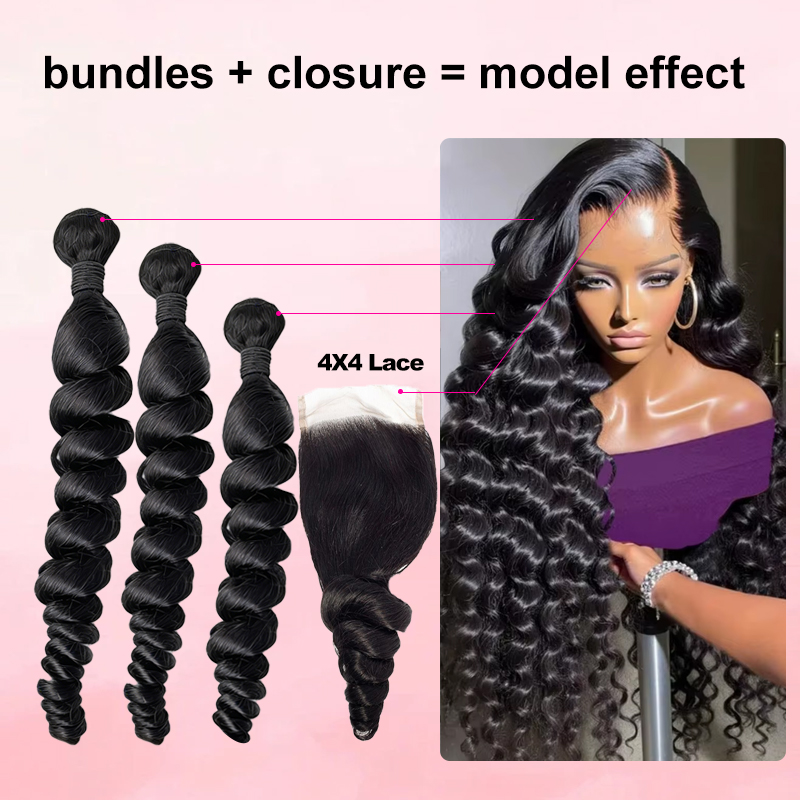 Deep Wave 3 Bundles With Closure - ผมต่อแบบลอนหลวมขนาด 30 40 นิ้ว พร้อมเชือกผูกผม 4x4