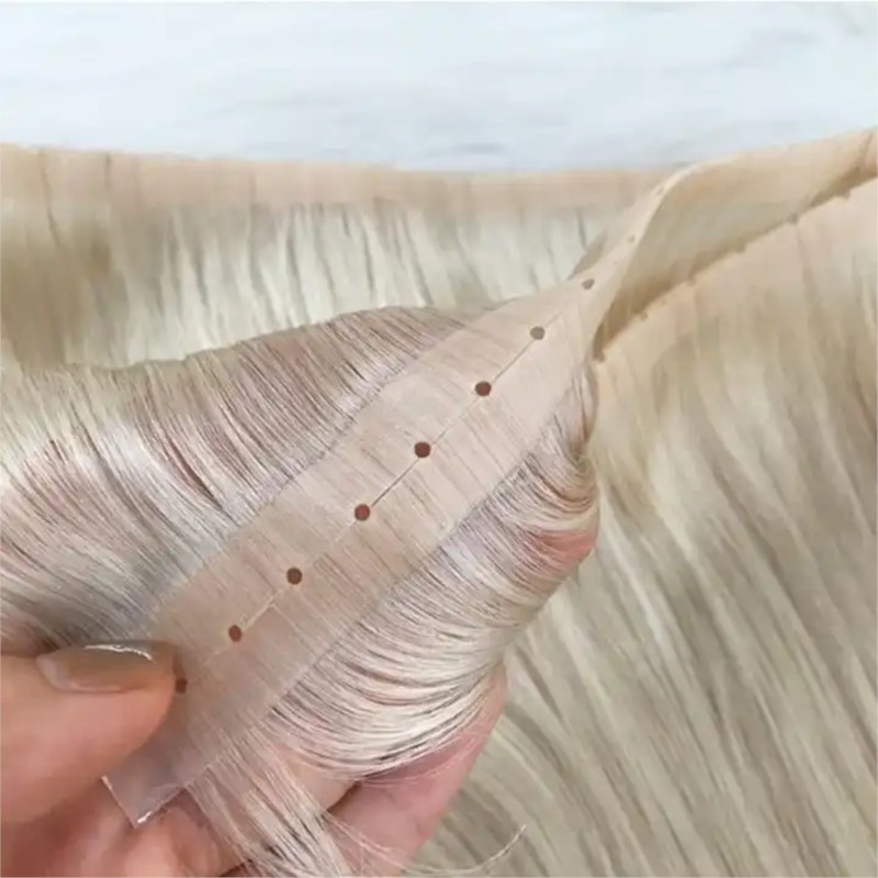 Invisible Tape In Extensions Real Hair - ขนผ้า PU แบบไม่ทอที่มองไม่เห็นมีรูเส้นผมมนุษย์สองแท็บแบบยาวเทป PU ผ้าทอแบบแบนไม่มีกาวต่อผ้าไมโครหมึกมีรู