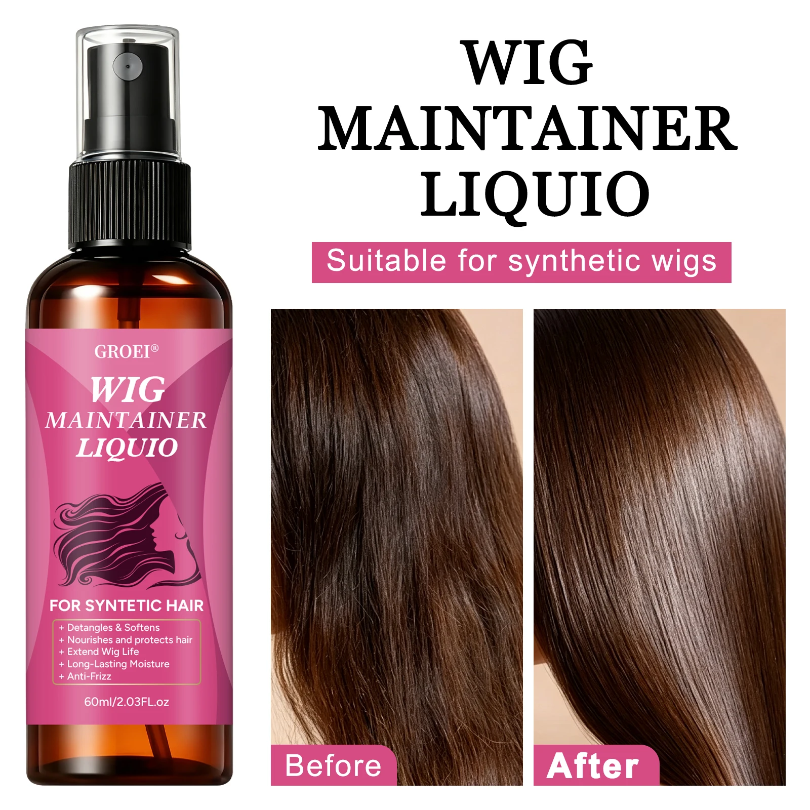 Synthetic Wigs - สเปรย์บำรุงวิกผมป้องกันผมชี้ฟู GROEI 60 มล. น้ำยาบำรุงเพิ่มความชุ่มชื้นและเงางามสำหรับวิกผมสังเคราะห์