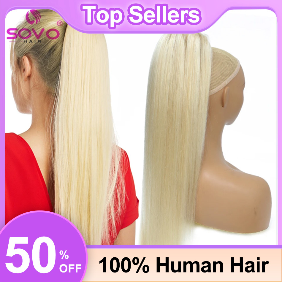 Seamless Clip In Hair Extensions Human Hair - SOVO Drawstringหางม้าผมมนุษย์ตรงยุโรปสีบลอนด์ไฮไลท์ธรรมชาติต่อผมคลิปในHairpiece Pony Tails