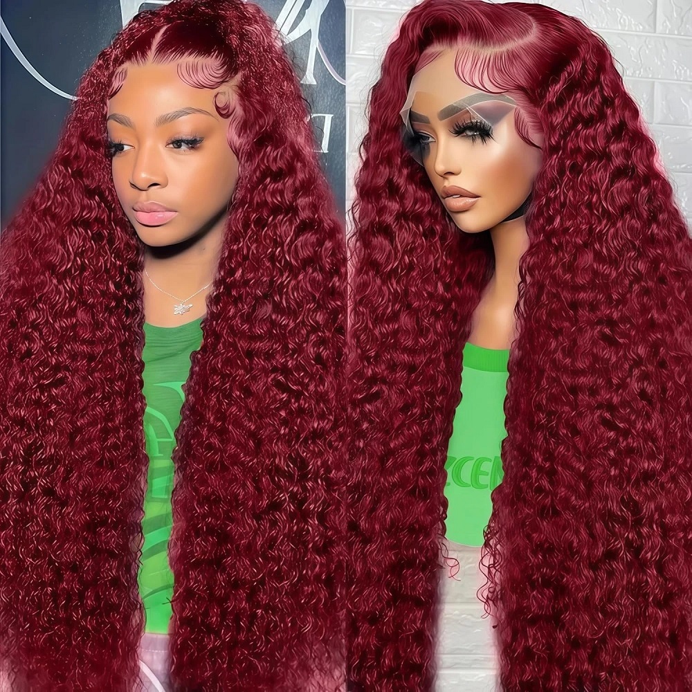 Human Hair Wigs - วิกผมแท้สีเบอร์กันดี 99J แบบลอนลึก ความหนาแน่น 200 พร้อมเชือกผูกผมแบบใส