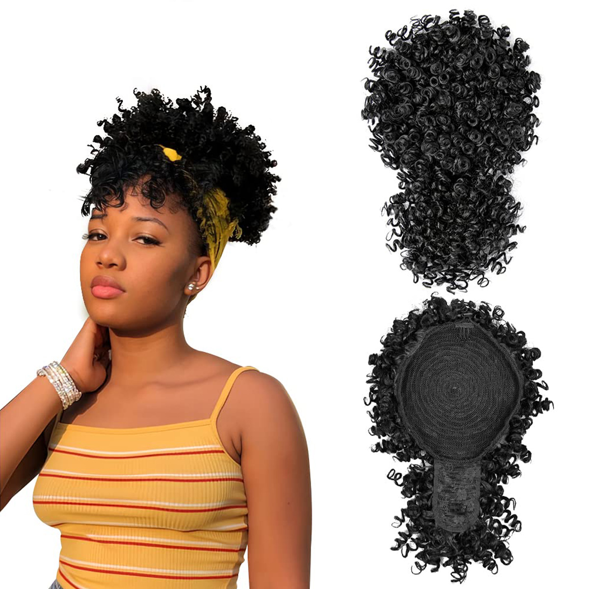 Drawstring Afro Curly Puff Ponytail - ผมปลอมแบบผูกเชือกหางม้ากับผมม้าสับปะรดผมอัพโดสำหรับผู้หญิงดำมวยผมหางม้าเป็นลอนสั้น (1B)