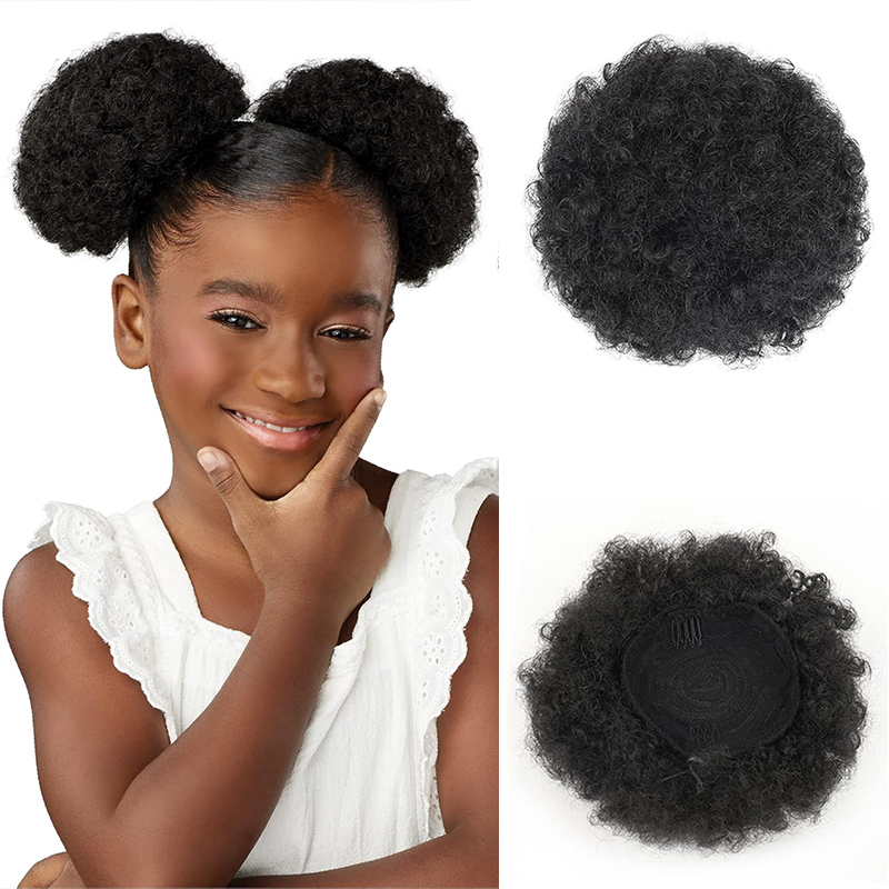 Drawstring Afro Curly Puff Ponytail - พัฟแอโฟรสังเคราะห์หางม้าแบบผูกเชือกสำหรับผู้หญิงเด็กเล็กเด็กผู้หญิงตัวเล็กขนาด4นิ้วซาลาเปาม้วนประหลาดผมโดนัท
