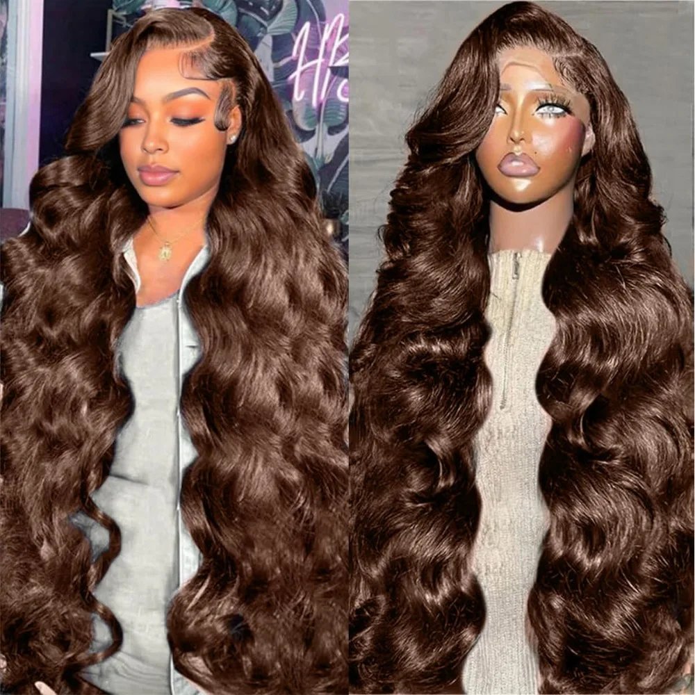 Hd Lace Frontal Wig Human Hair Pre Plucked - ช็อกโกแลต # วิกผมลอนบอดี้เวฟ 4 ชิ้น ความหนาแน่น