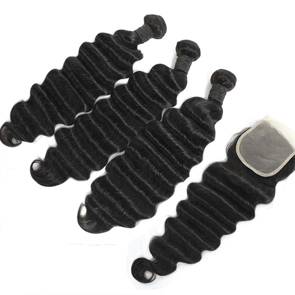 Deep Wave 3 Bundles With Closure - ผมมนุษย์ลอนลึกแบบธรรมชาติพร้อมปิดผมด้านหน้า มองไม่เห็นรอยต่อแนบสนิทกับผิว 4x4 5x5 6X6 13x4