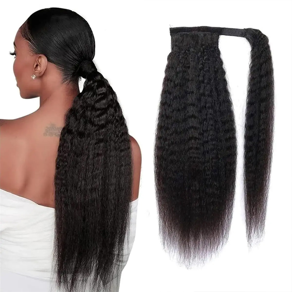 Seamless Clip In Hair Extensions Human Hair - ผมต่อหางม้าแบบพันรอบ 100 กรัม ผมตรงแบบหยิกธรรมชาติ ผมแท้แบบเรมี่ ผมบราซิล