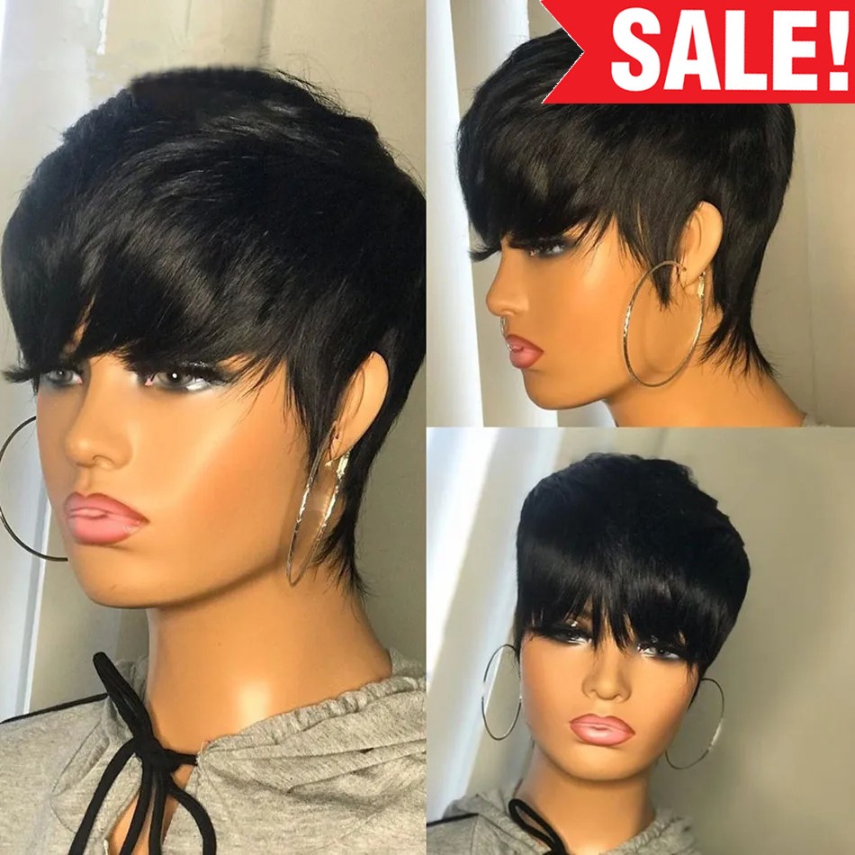 Short Pixie Cut Wig Human Hair Cheap - วิกผมสั้นทรงพิกซี่คัตแบบตรง วิกผมบราซิลสำหรับผู้หญิงผิวดำ วิกผมทำด้วยเครื่องจักรพร้อมหน้าม้า วิกผมราคาถูก