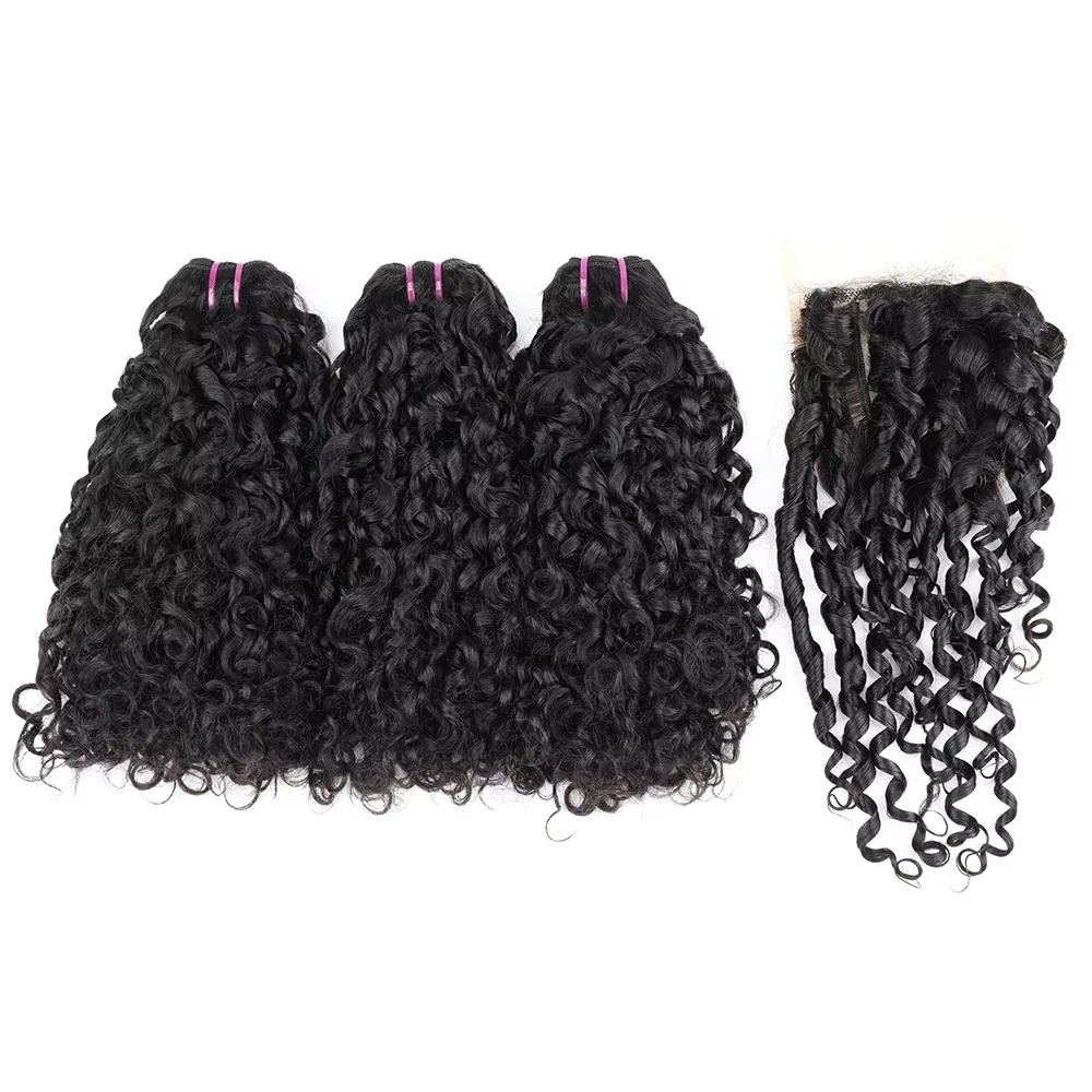 Deep Wave 3 Bundles With Closure - ผมปลอมแบบ Pixie Curl พร้อมเชือกผูกผม แบบลอนลึก ผมบราซิลแท้แบบดิบ