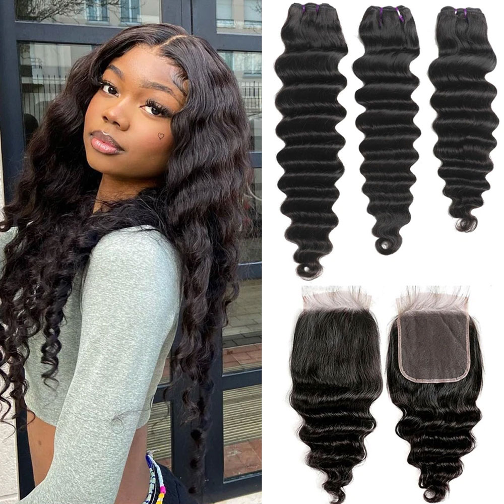 ผมลอนลึกแบบหลวมพร้อมปิดผมด้วยล - Deep Wave 3 Bundles With Closure บทวิจารณ์และราคา
