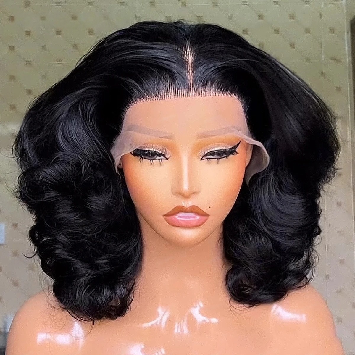 วิกผมสีดำทรงบ๊อบสั้นแบบลอน วิก - Pre Parted 13X4 Lace Front Bob Wig บทวิจารณ์และราคา