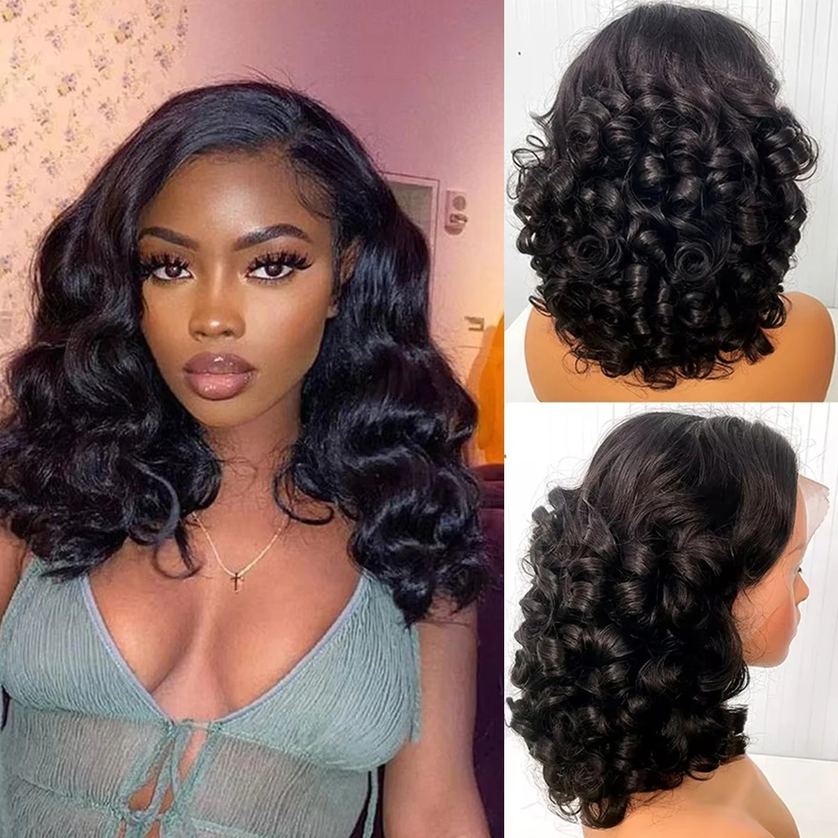 วิกผมสีดำทรงบ๊อบสั้นแบบลอน วิก - Pre Parted 13X4 Lace Front Bob Wig บทวิจารณ์และราคา