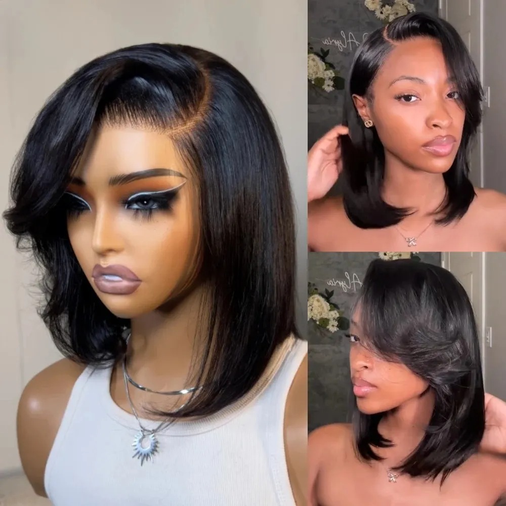 วิกผมบ๊อบสั้นสีดำแบบตรง  พร้อม - Pre Parted 13X4 Lace Front Bob Wig บทวิจารณ์และราคา