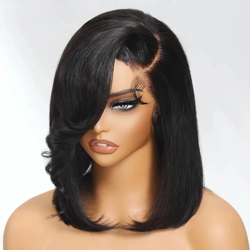 วิกผมบ๊อบสั้นสีดำแบบตรง  พร้อม - Pre Parted 13X4 Lace Front Bob Wig บทวิจารณ์และราคา