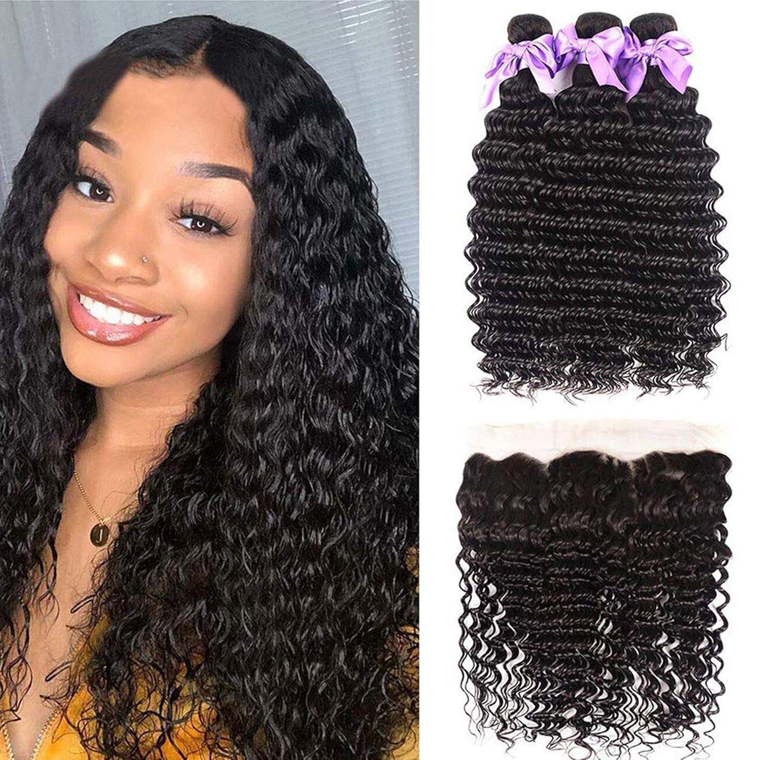 Deep Wave Human Hair Bundles 4 - Deep Wave 3 Bundles With Closure บทวิจารณ์และราคา
